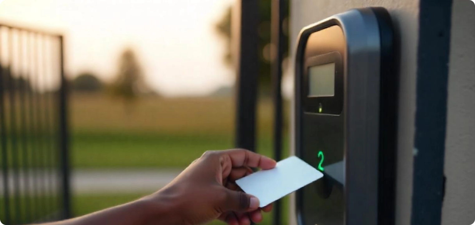 A hand holding an access card near a smart access control system at an estate gate, highlighting Sylogate's secure entry management for residents and visitors.