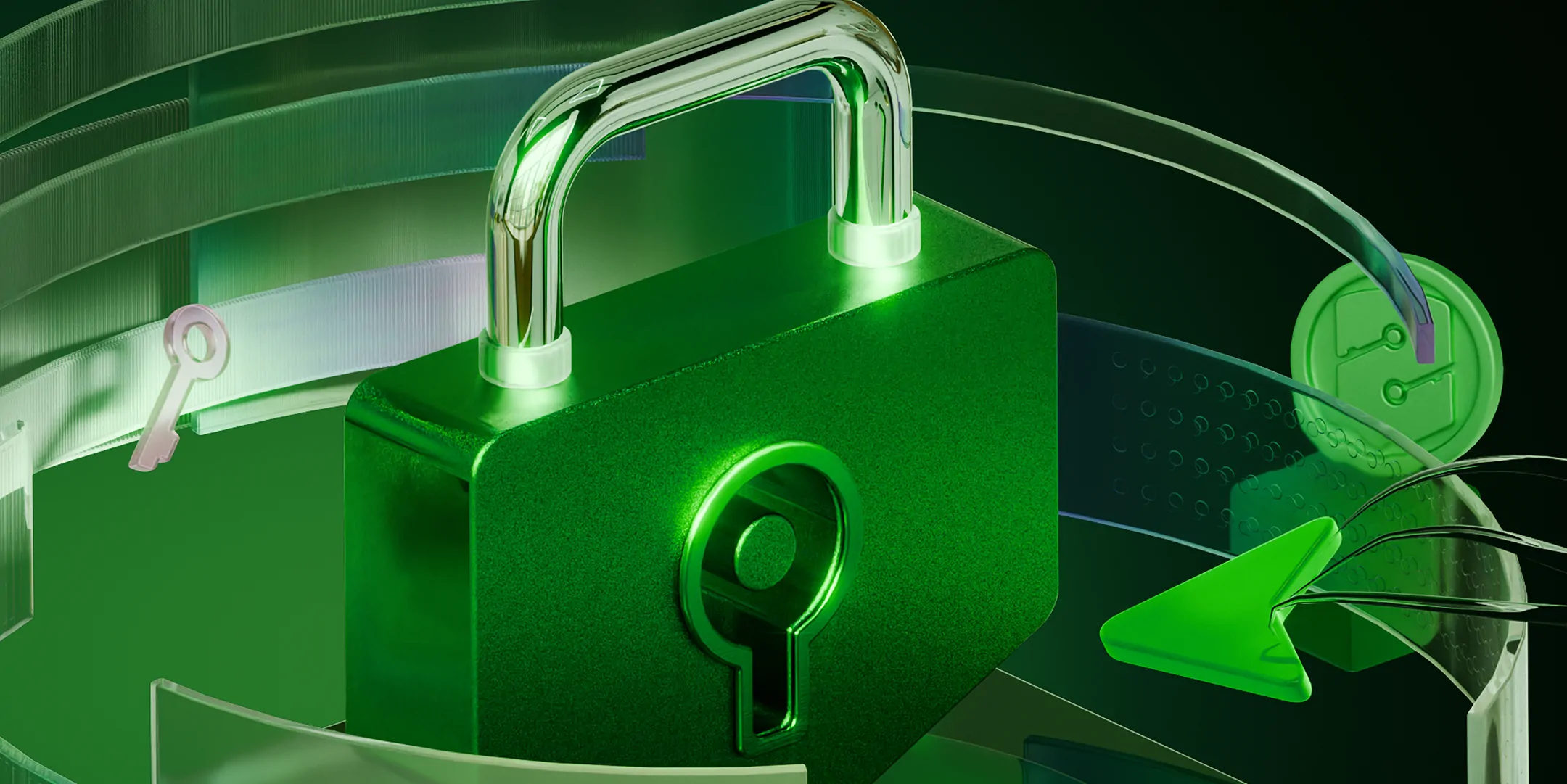 A futuristic green padlock surrounded by digital security elements symbolizing advanced access control and encryption.