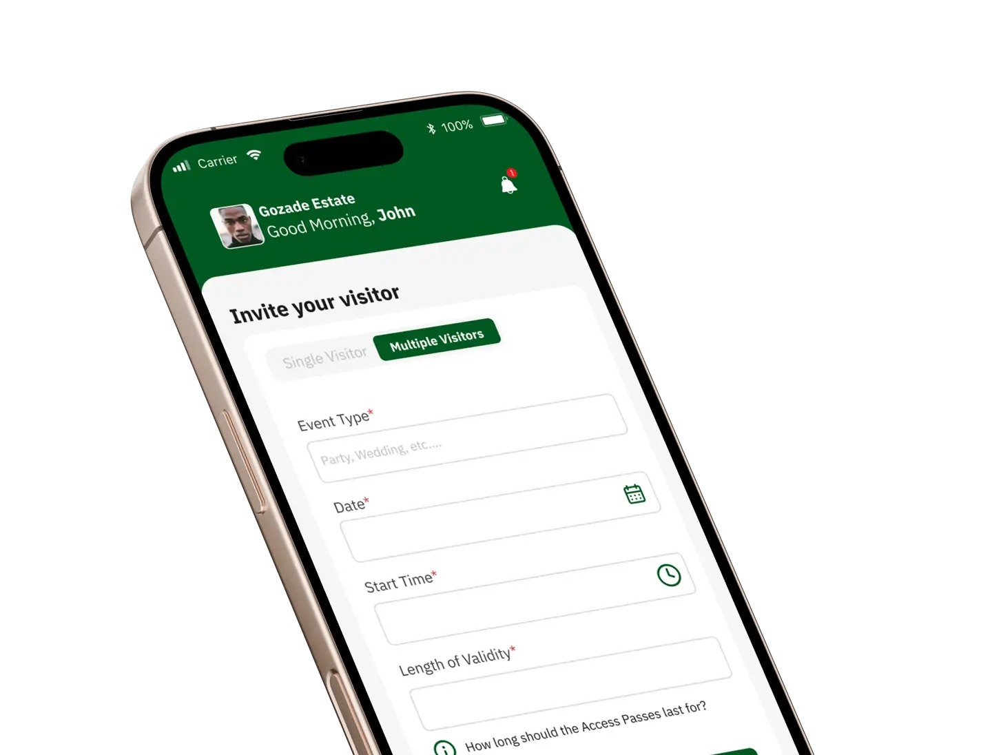 A smartphone displaying the Sylogate Residents App's visitor invitation screen, allowing users to generate unique access codes for multiple guests seamlessly.